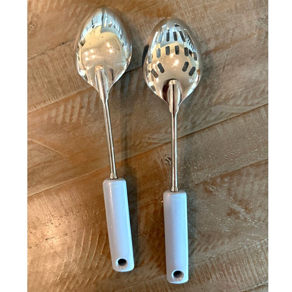 Vintage 12" Ekco USA Serving Spoon Set Solid & Slotted Light Blue Handle Kitchen - Picture 2 of 10